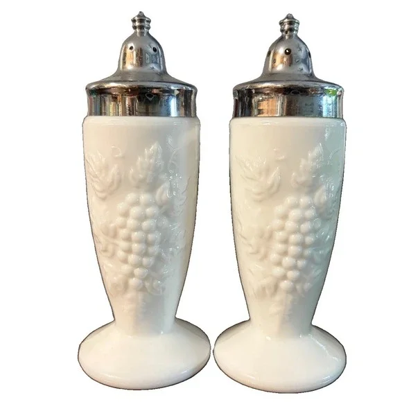 Vintage Milk Glass Grape Vine Footed Salt Pepper Shakers Chrome Tops 5in