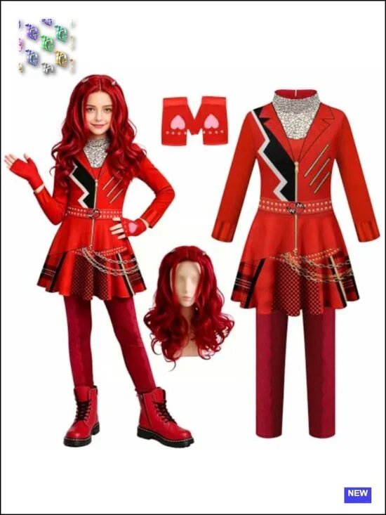 Girls Wonderland Red Costume Cosplay Set with Gloves and Wig Polyester