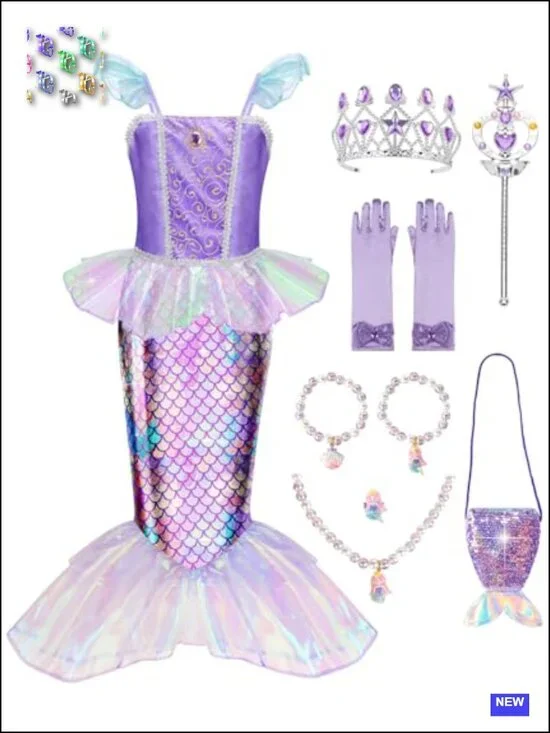 Mermaid Princess Dress Up Costume for Girls 3-10 with Accessories, Polyester