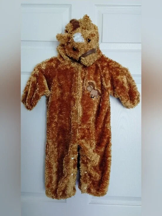 Cozy Brown Fuzzy Pony Baby One-Piece Costume with Hood