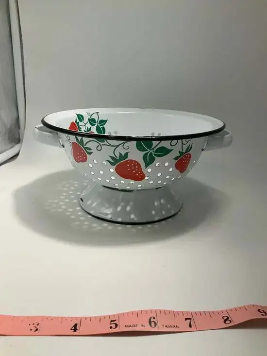 Vintage 1983 Teleflora White Enamel Strainer Colander with Strawberry Pattern