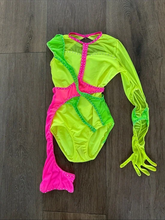 2Die4  Kids Neon Green & Hot Pink One-Piece Dance /Jazz Halloween Leotard.
