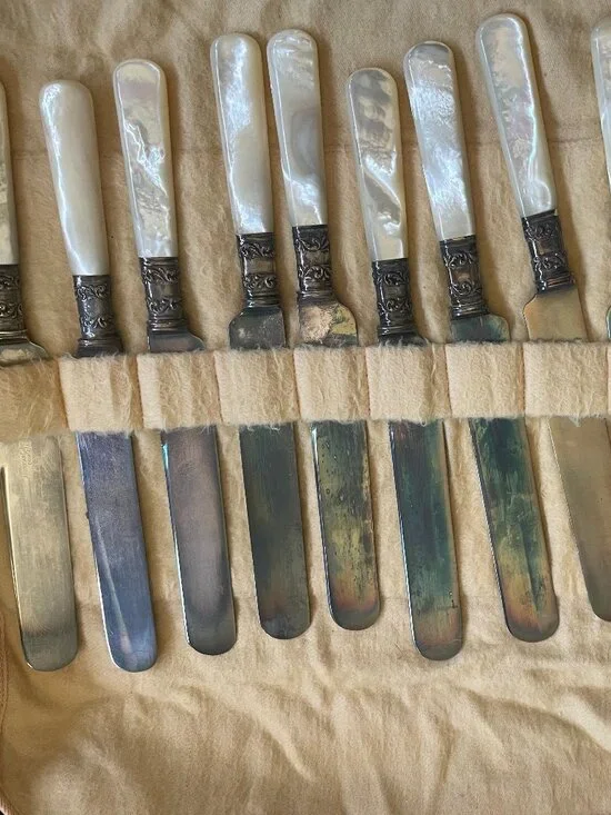 Set of 12 Vintage Mother‑of‑Pearl Dessert Knives with Ornate Silver‑Tone Collars