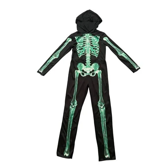 New Skeleton Kids Size M/8-10 Yrs Glow in the Dark Black Halloween Costume