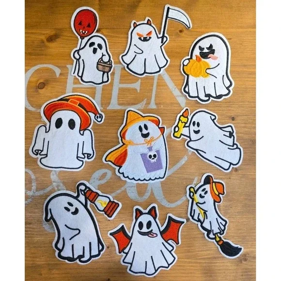 NEW Set Of 9 Cute Funny Ghost Embroidered Iron On Patch Halloween Trick or Treat