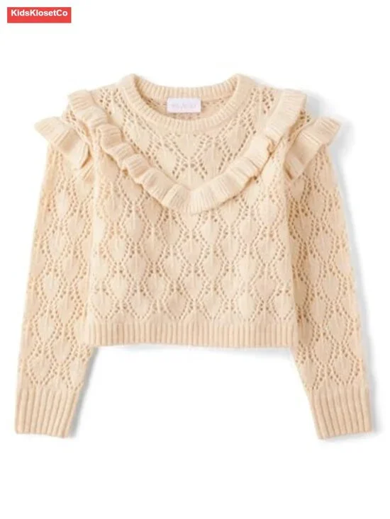 Girls Long Sleeve Crew Neck Pullover Sweater with Ruffle Trim
