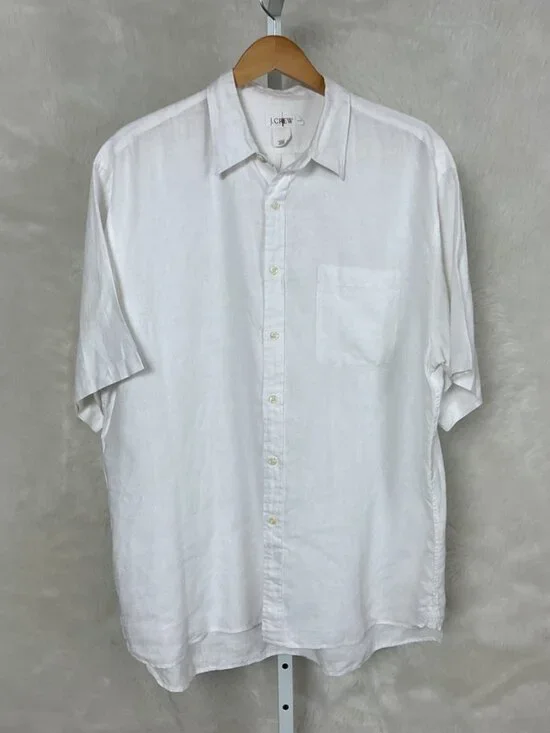 Vintage 90s J. Crew White Short Sleeve Collared Button Front Linen Shirt LT Tall