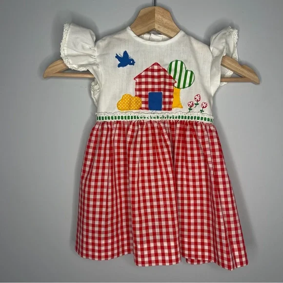 Red Gingham Toddler Dress with‎ House Appliqué