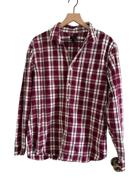 J Crew Mens Long Sleeve Red and White Plaid Button Down Shirt Size Large