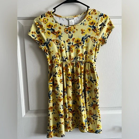 Emma &‎ Elsa Girls Floral Print Short Sleeve Yellow Dress W/Pockets Sz 12
