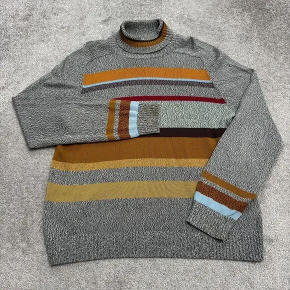 Vintage 90s J.Crew Cotton Striped Turtleneck Knit Pullover Sweater Mens XL Grey