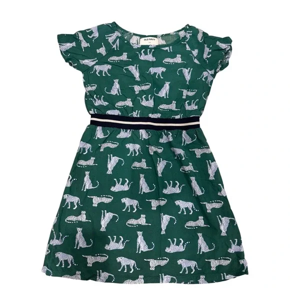 Old Navy Girls Short Sleeve A-Line Cheetah Print Dress Size M 8 Green Gray