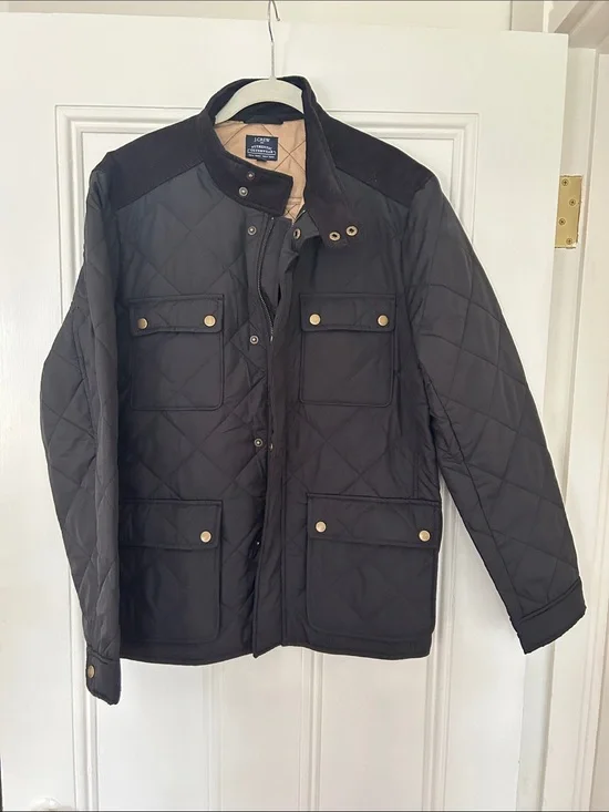 J. Crew Black Quilted Field Jacket with Tan Lining Detail