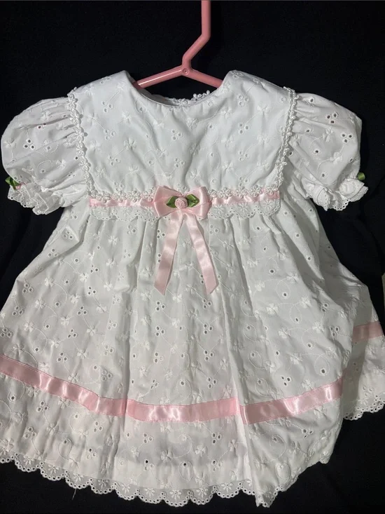 Vintage Baby dress white lace pink bow size 18 months