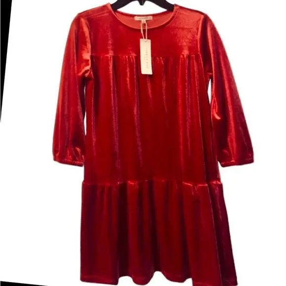 KIDS Girls Cooper Key Holiday Red Velvet Velour Long Sleeves Holiday Dre…