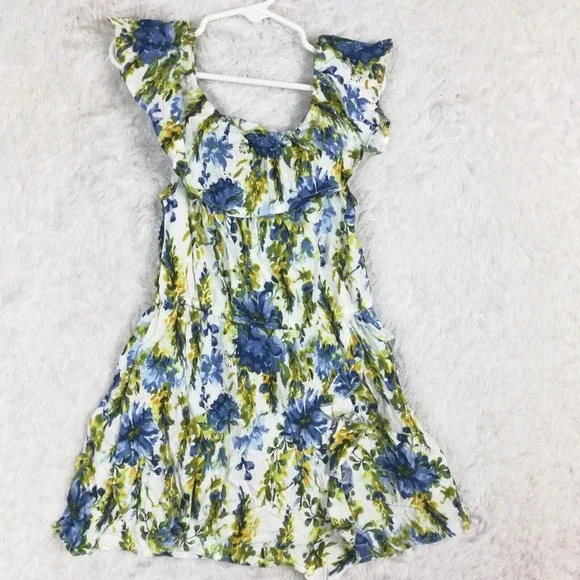 Btween Girls Dress Midi Blue White Floral Cap Sleeve Scrunchie Ruffle 6‎ New