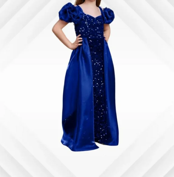 Girls puff sleeve mesh patchwork sequin mermaid dress