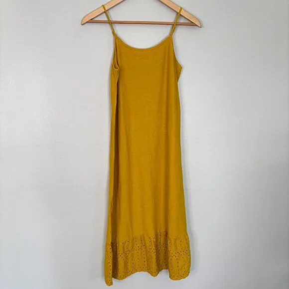 Old Navy Girls Maxi Dress XL 14 Golden Yellow Cotton Blend Eyelet Hem Sleeveless