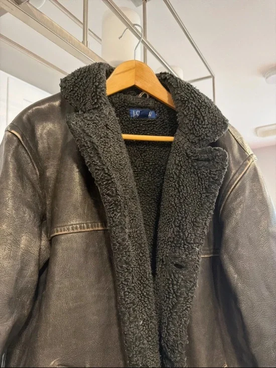 J. Crew Men's Black Leather Bomber with Shearling Lining