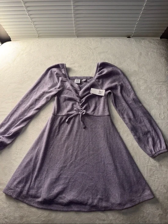 GAP Lavender Ribbed Lace-Up Long Sleeve Casual Dress