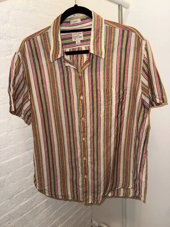 J.Crew Mens Large Classic Fit Short Sleeve Linen Cotton Multi Stripe Shirt