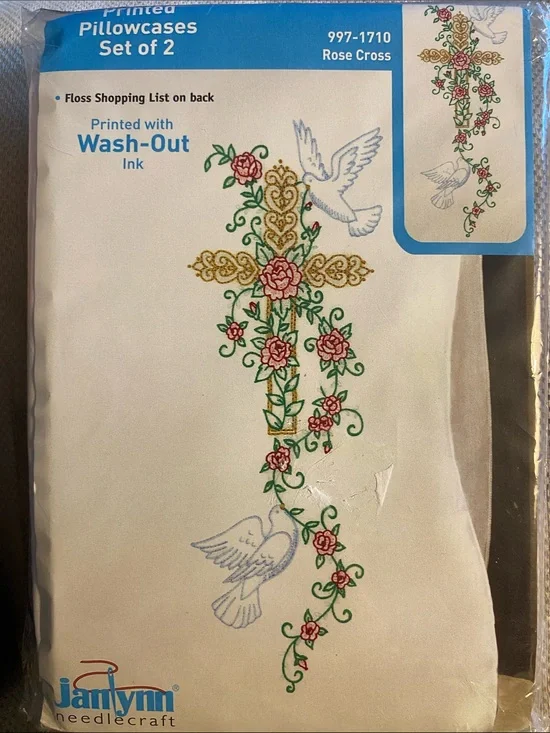 Janlynn Rose Cross Embroidery Pillowcases Set of 2  (+ the thread)