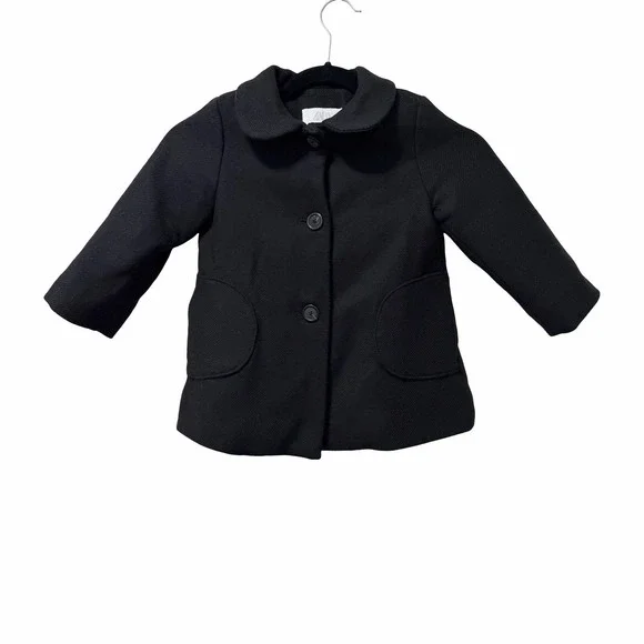 ZARA Wool Blend Button Front Pea Coat Girls Size 3/4Y Black Heavyweight Winter