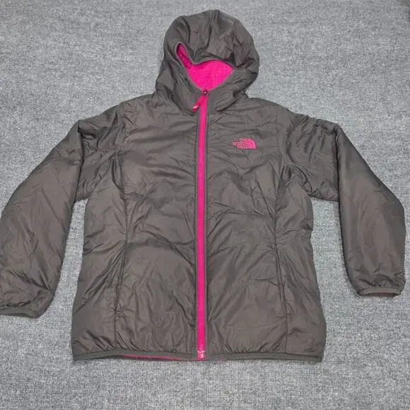 The North Face Girls XL Reversible Fleece Lined Hooded Jacket Pink Charcoal
