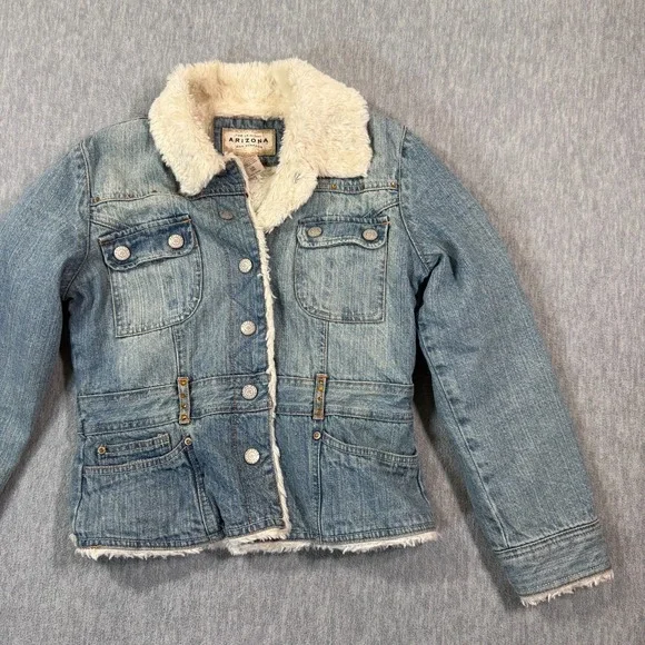 Arizona Jacket‎ Girls 14 Blue Denim Faux Fur Lined Sherpa Trucker Winter Coat