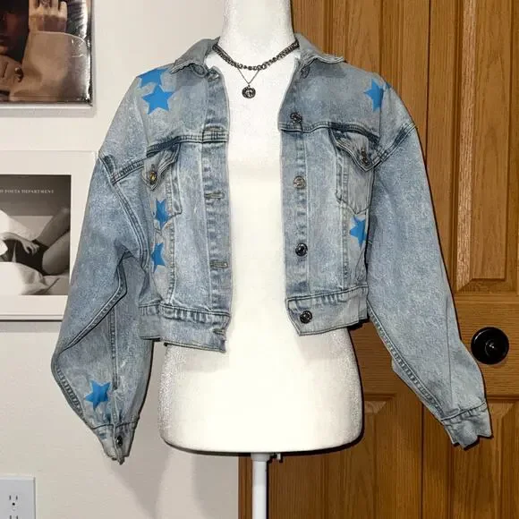 Juicy Couture Denim Jacket Girl's Large Blue Star Stretch Cropped Button Front‎