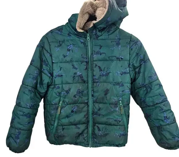 OshKosh B'gosh Coat Boys 10 Dinosaur Green Puffer Hood Dino Winter Sherpa Lined