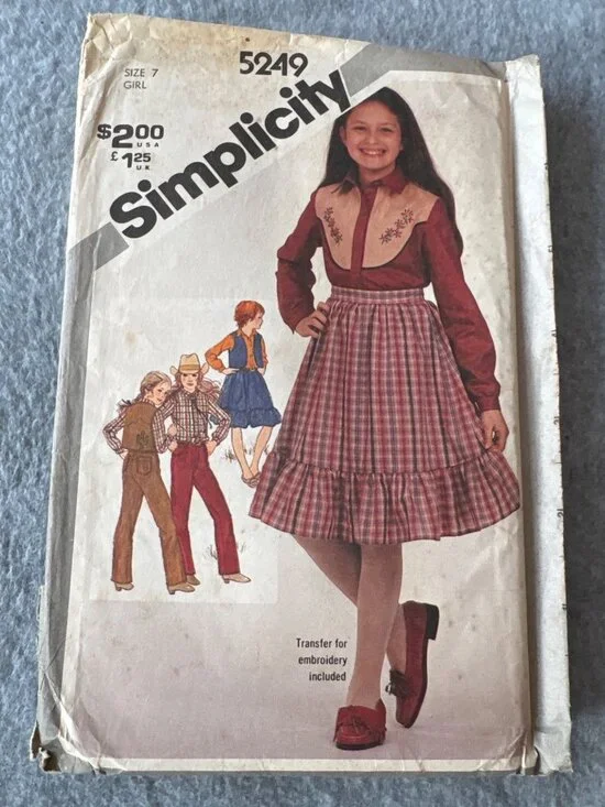 Simplicity 5249 Girls Size 7 Sewing Pattern Uncut Western Shirt Skirt Uncut