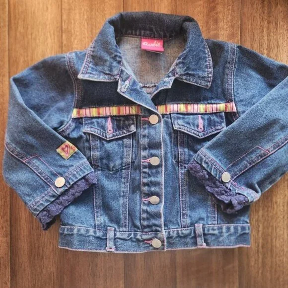 Barbie Kids Denim Jacket Pink Stitch Floral‎ Embroidery Size 4