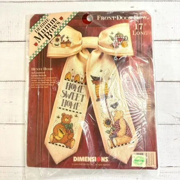 Vtg NOS Debbie Mumm Hunny Home 17” Front Door Bow Cross Stitch Kit Bears 72363