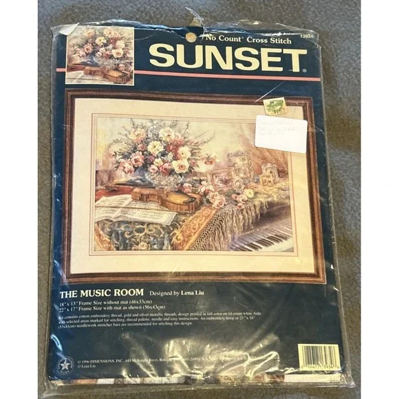 Vtg Sunset No Count Cross Stitch The Music Room Lena Lui 1996 Dimensions Violin