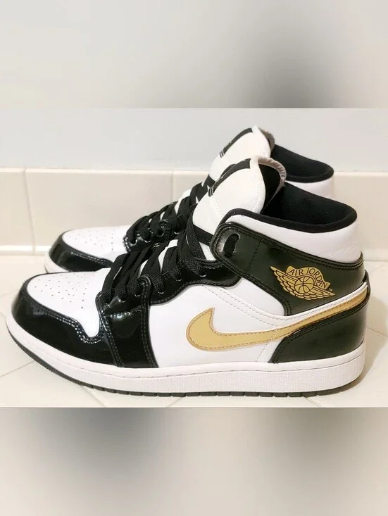 Air Jordan 1 Mid Patent Black White Gold Men's Size 9