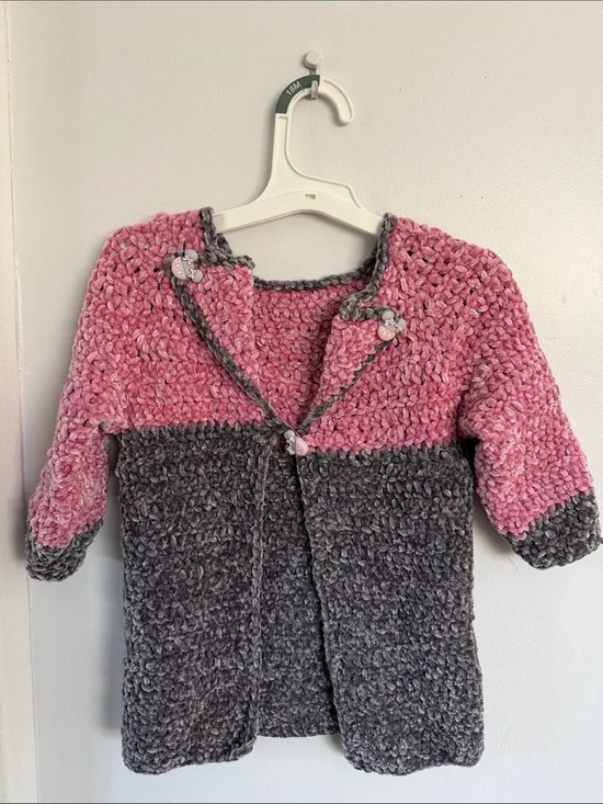 Handmade Pink and Gray Two-Tone Knit baby girl Sweater Cardigan