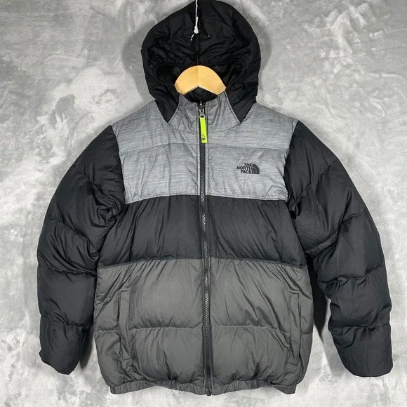 The North Face Boys Reversible 550 Down Puffer Jacket Grey Black Large 14/16