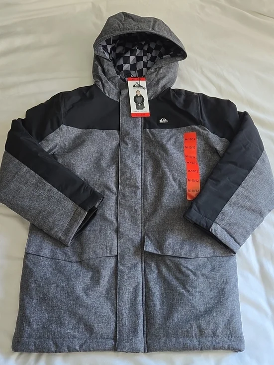 Quiksilver Youth Kids Gray & Black Checkerboard Lined Hooded Parka Puffer Jacket