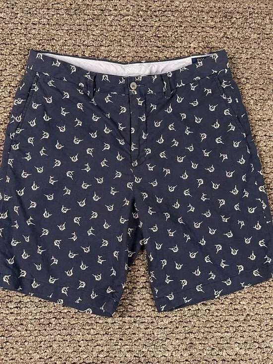 Polo Ralph Lauren Marlin Embroidered Linen Cotton Shorts Navy Blue Mens Size 35