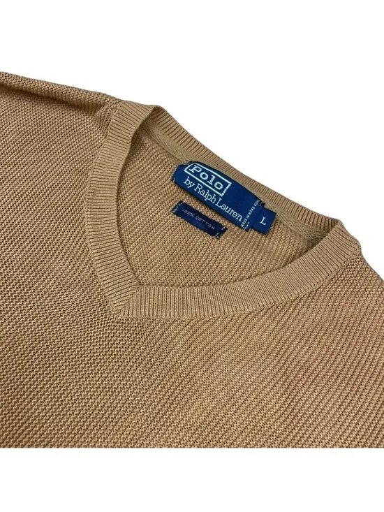 VTG Polo Ralph Lauren Men's 100% Cotton Knit V-Neck Pullover Sweater Tan • Large