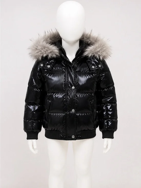abercrombie kids Black Shiny Puffer Jacket with Faux Fur Trim