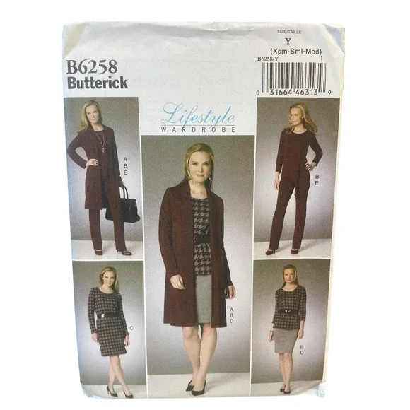 Butterick B6258 Misses Cardigan Top Dress Skirt‎ Pants XS-S-M