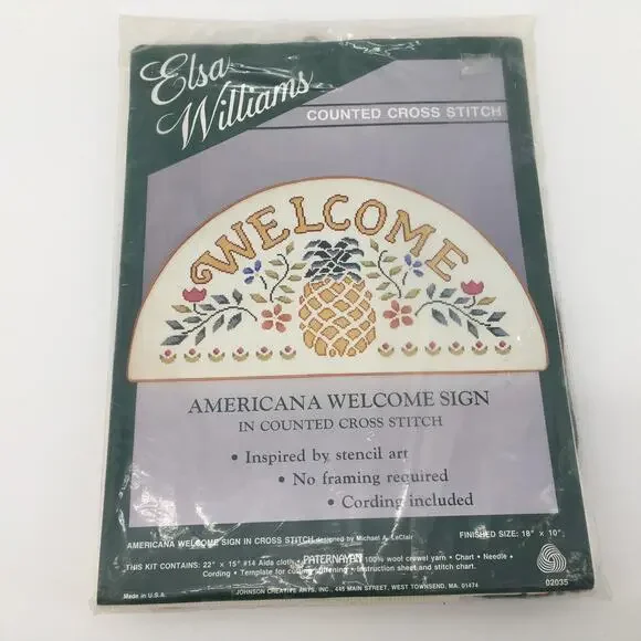 VTG Elsa Williams Americana Welcome Sign Pineapple Counted Cross Stitch Kit