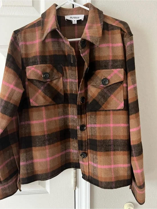 Women’s BB Dakota Brown Plaid Jacket with Pink Trim