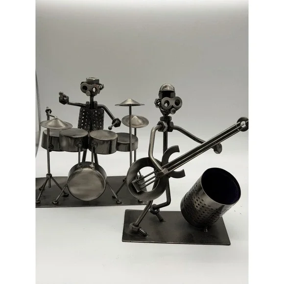 Nuts & Bolts Band Drummer and Guitar  Desk Pen Holders Metal Musicians Sculpture