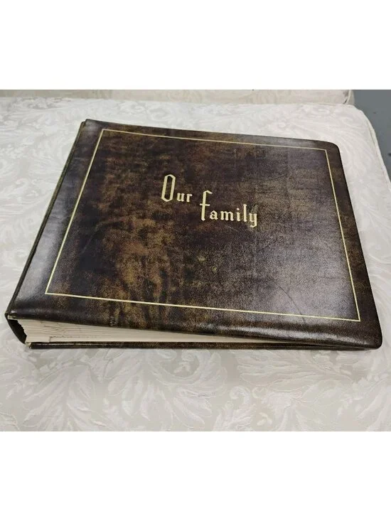 Vintage MCM Our Family Cowhide Leather Photo Album Brass Corners Gold Trim