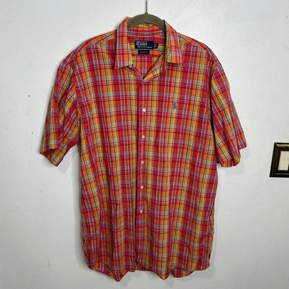 Polo Ralph Lauren Mens Large Pink Orange Plaid Short‎ Sleeve Cotton Button Shirt