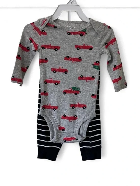 9M Boy Carter’s 2 Piece Set Christmas Tree Truck Applique Striped Holiday Outfit