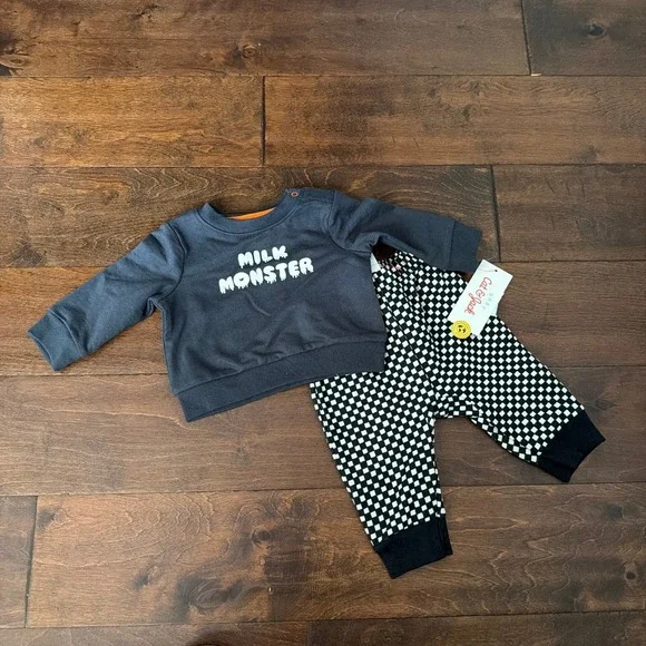Cat & Jack Boys 3-6 M Halloween Milk Monster Shirt Checkered Jogger Pants Grey